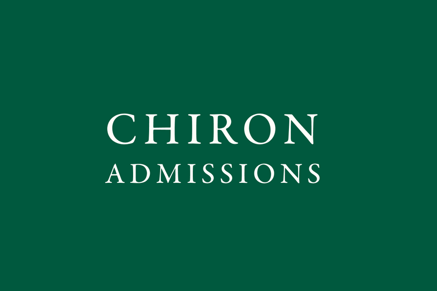 Chiron Admissions Cover Image - white text on a green background.