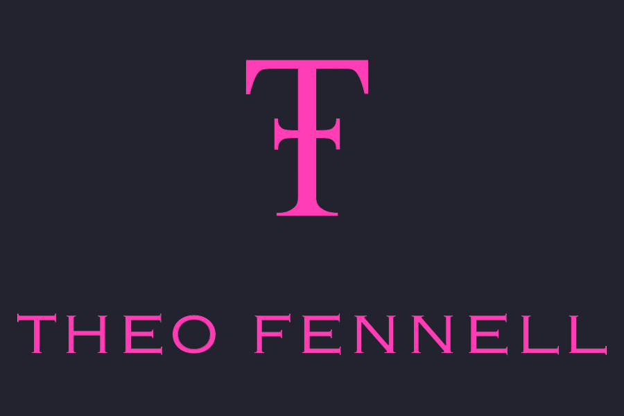 Theo Fennell Cover Image - Pink text on dark background.
